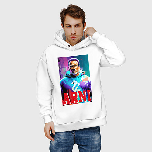 Мужское худи оверсайз Super Arnold Schwarzenegger - Arni ai pop art / Белый – фото 3