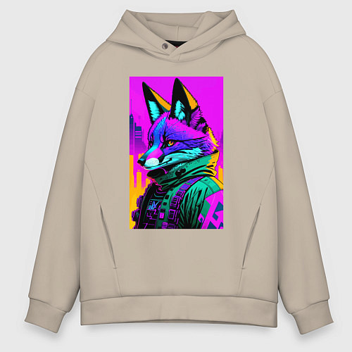 Мужское худи оверсайз Cool fox - cyberpunk - neural network / Миндальный – фото 1