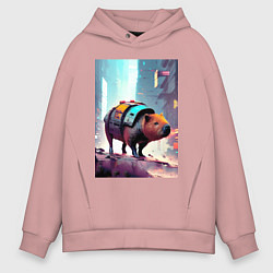 Толстовка оверсайз мужская Капибара в мегаполисе - киберпанк, цвет: пыльно-розовый