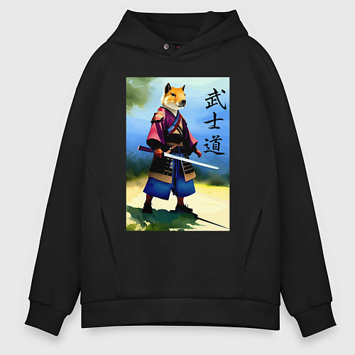 Мужское худи оверсайз Капибара-самурай - бусидо - акварель / Черный – фото 1