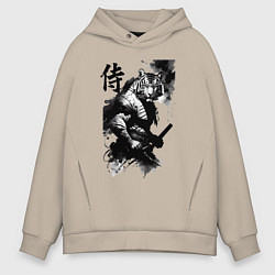 Толстовка оверсайз мужская Tiger samurai - hieroglyph - art, цвет: миндальный