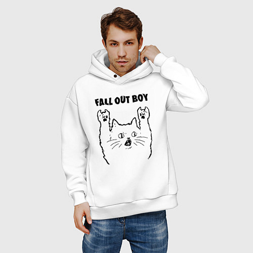 Мужское худи оверсайз Fall Out Boy - rock cat / Белый – фото 3