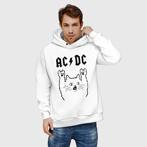 Мужское худи оверсайз AC DC - rock cat / Белый – фото 3