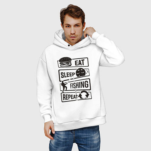Мужское худи оверсайз Eat sleep fishing repeat / Белый – фото 3