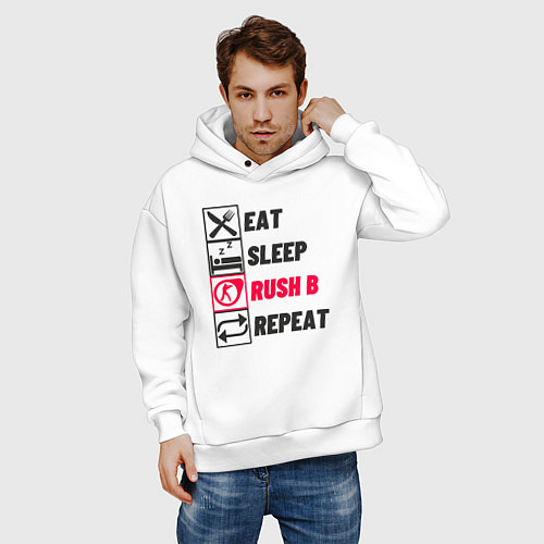 Мужское худи оверсайз Eat sleep rush b repeat / Белый – фото 3