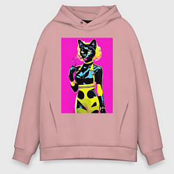 Толстовка оверсайз мужская Black cat - fashionista - pop art - neural network, цвет: пыльно-розовый