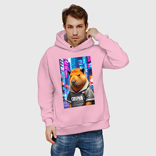 Мужское худи оверсайз Cool capybara - urban style - neural network / Светло-розовый – фото 3