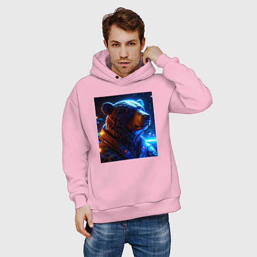 Мужское худи оверсайз Мишка космический капитан - нейросеть / Светло-розовый – фото 3