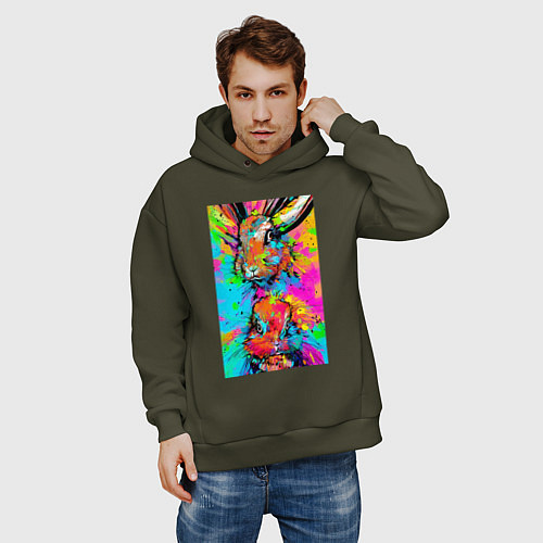 Мужское худи оверсайз Rabbit and hare - impressionism / Хаки – фото 3