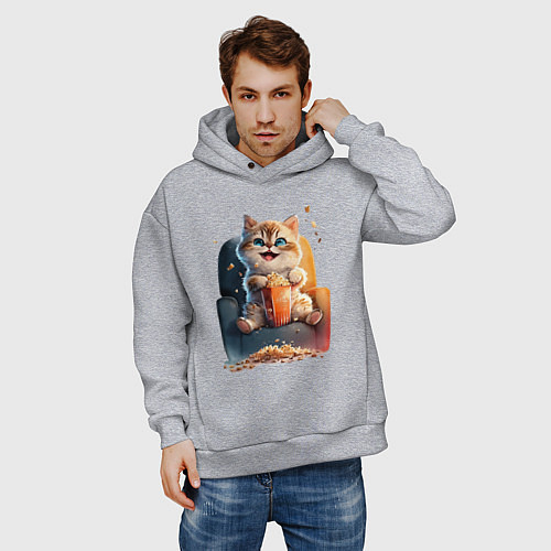Мужское худи оверсайз Веселый котик с попкорном / Меланж – фото 3