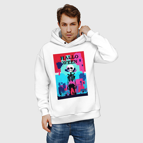 Мужское худи оверсайз Funny skeleton - pop art - pixels halloween / Белый – фото 3