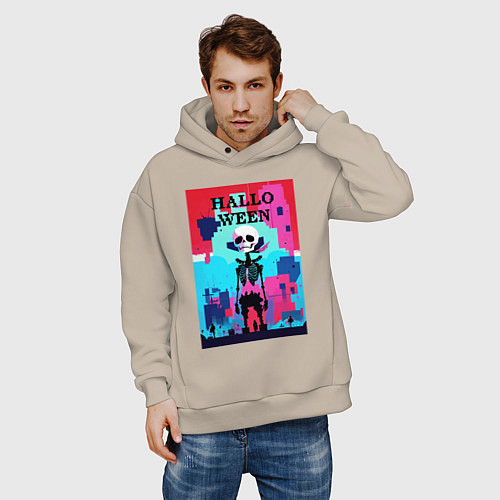 Мужское худи оверсайз Funny skeleton - pop art - pixels halloween / Миндальный – фото 3
