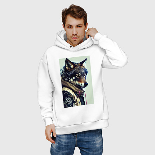 Мужское худи оверсайз Матёрый модный волчара / Белый – фото 3