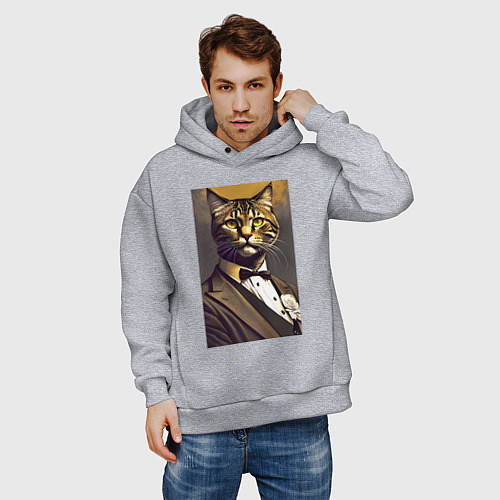 Мужское худи оверсайз Крутой котяра - джентльмен - нейросеть / Меланж – фото 3