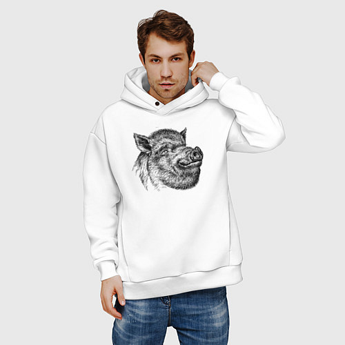 Мужское худи оверсайз Кабан жирный / Белый – фото 3