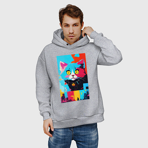 Мужское худи оверсайз Изумлённый котёнок - поп-арт - нейросеть / Меланж – фото 3