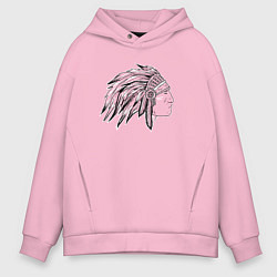 Толстовка оверсайз мужская Профиль индеец с перьями рисунок, цвет: светло-розовый