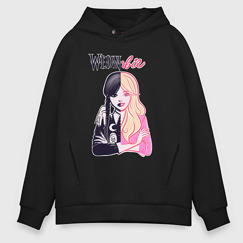 Мужское худи оверсайз Уэнсдей и Барби - сплит / Черный – фото 1