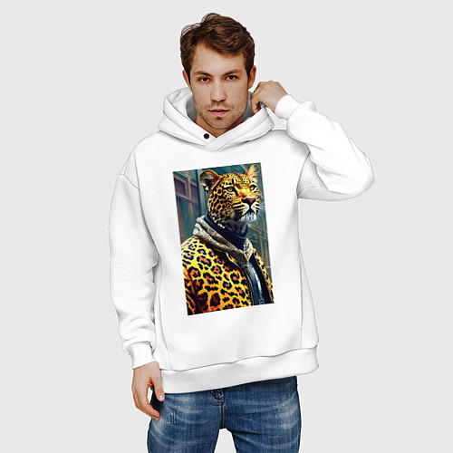 Мужское худи оверсайз Крутой леопард житель мегаполиса / Белый – фото 3
