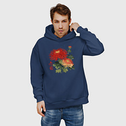 Толстовка оверсайз мужская Красные хризантемы, цвет: тёмно-синий — фото 2