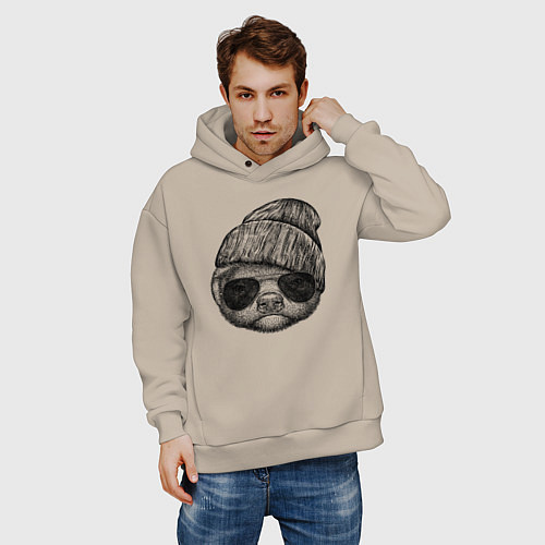 Мужское худи оверсайз Медоед в шапке и очках / Миндальный – фото 3