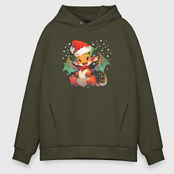 Толстовка оверсайз мужская Red christmas dragon, цвет: хаки