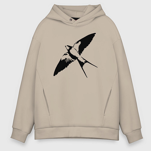 Мужское худи оверсайз Ласточка парит трафарет / Миндальный – фото 1