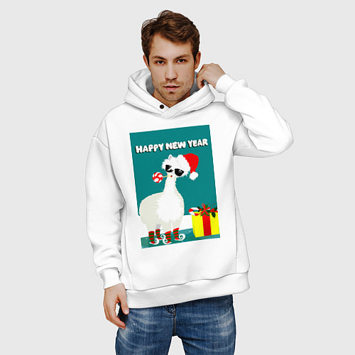 Мужское худи оверсайз Лама - альпака Санта Клаус на коньках / Белый – фото 3