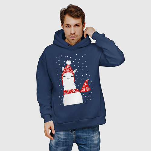 Мужское худи оверсайз Лама - альпака в шапочке и шарфе / Тёмно-синий – фото 3