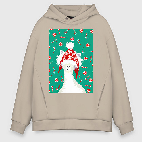 Мужское худи оверсайз Лама - альпака в ушанке / Миндальный – фото 1