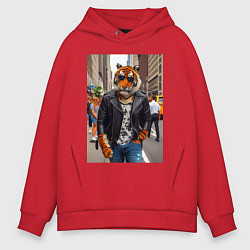 Толстовка оверсайз мужская Cool tiger on the streets of New York - ai art, цвет: красный