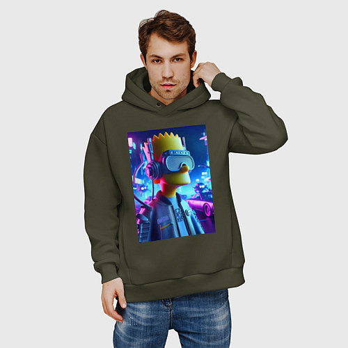 Мужское худи оверсайз Cyber Bart - ai art - neon / Хаки – фото 3