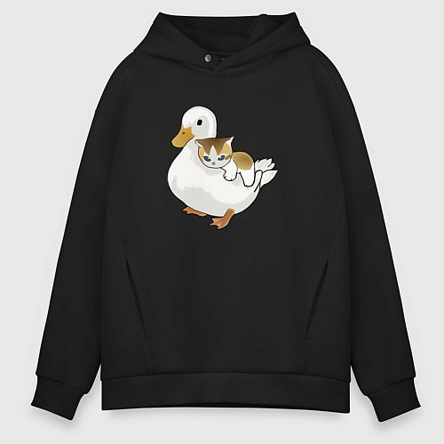 Мужское худи оверсайз Утка с другом котёнком / Черный – фото 1