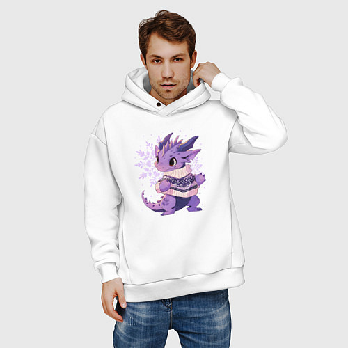Мужское худи оверсайз Фиолетовый дракон в свитере / Белый – фото 3