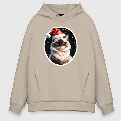 Мужское худи оверсайз Кот породы Рэгдолл в новогодней шапке / Миндальный – фото 1