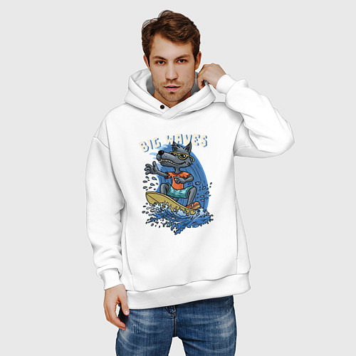Мужское худи оверсайз Волк катается на волнах / Белый – фото 3