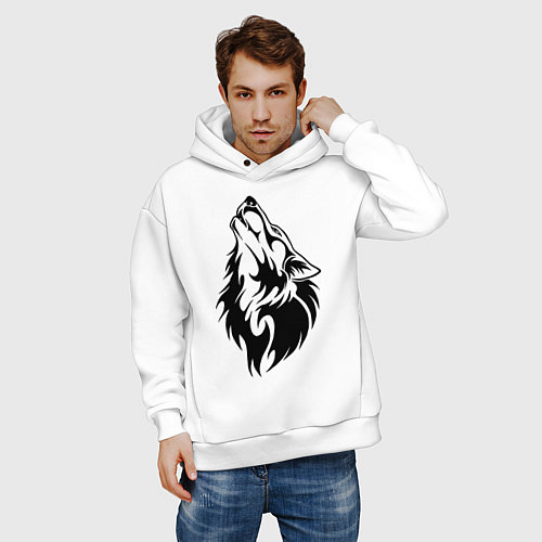 Мужское худи оверсайз Воющий волк / Белый – фото 3