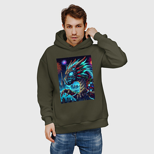 Мужское худи оверсайз Cyber dragon - ai art neon / Хаки – фото 3