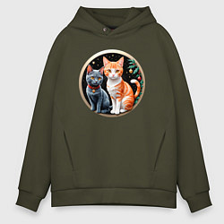 Толстовка оверсайз мужская Два котика ждут Новый Год, цвет: хаки