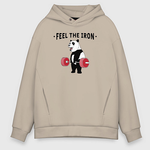 Мужское худи оверсайз Почувствуй железо - панда бодибилдер / Миндальный – фото 1