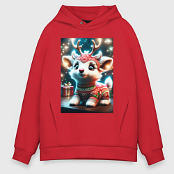 Толстовка оверсайз мужская Оленёнок в свитере, цвет: красный