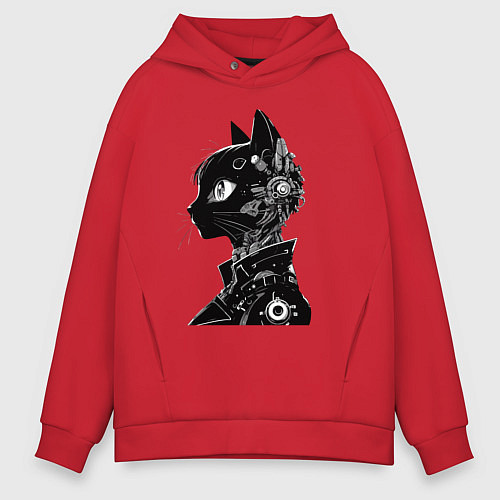 Мужское худи оверсайз Кибер кошечка - аниме / Красный – фото 1