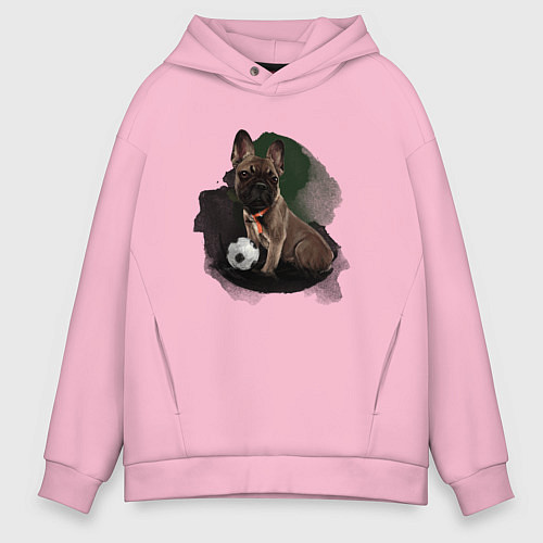 Мужское худи оверсайз Французский бульдог щенок футболист / Светло-розовый – фото 1