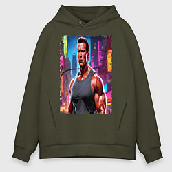 Толстовка оверсайз мужская Арнольд Шварценеггер в городе, цвет: хаки