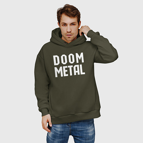 Мужское худи оверсайз Надпись Doom metal / Хаки – фото 3