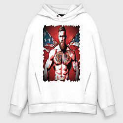Толстовка оверсайз мужская Конор Макгрегор на фоне американского флага, цвет: белый