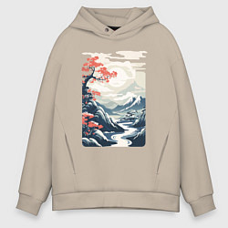 Толстовка оверсайз мужская Горный пейзаж в японском стиле, цвет: миндальный