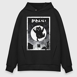 Толстовка оверсайз мужская Moмo - кот прыжке, цвет: черный