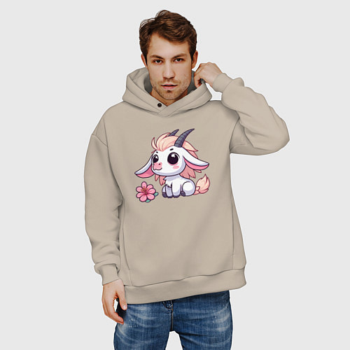 Мужское худи оверсайз Козерог с цветком / Миндальный – фото 3