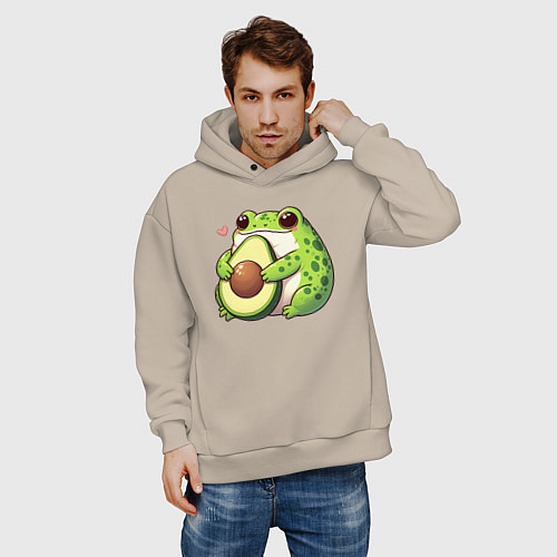 Мужское худи оверсайз Лягушка обнимает авокадо / Миндальный – фото 3